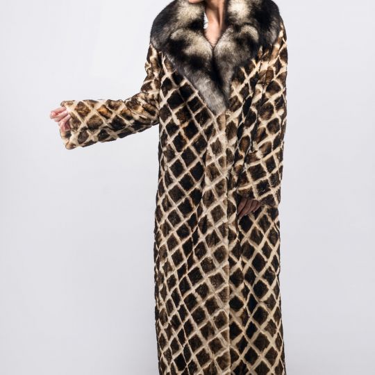 Black White Velvet Mink Fur Coat in Rhombus