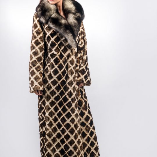 Black White Velvet Mink Fur Coat in Rhombus