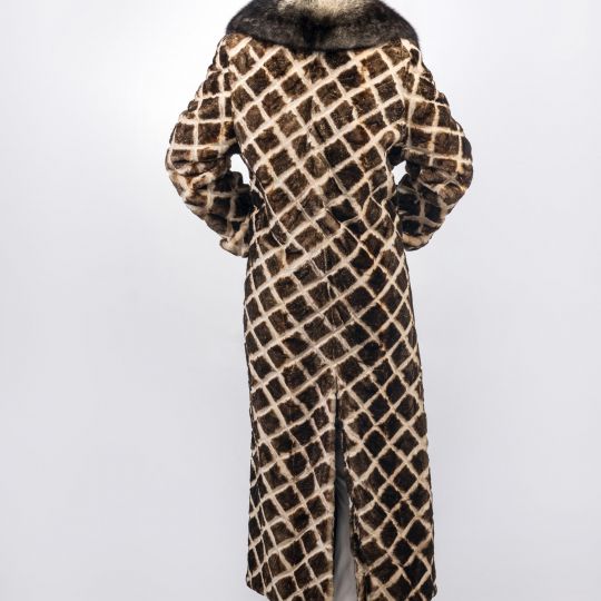 Black White Velvet Mink Fur Coat in Rhombus