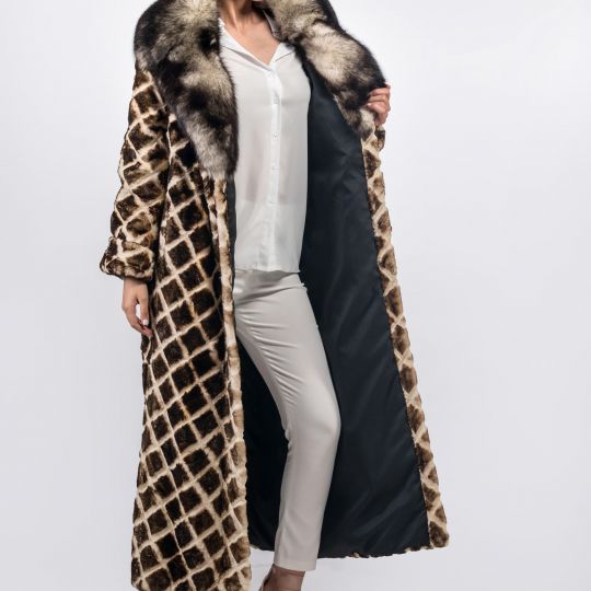 Black White Velvet Mink Fur Coat in Rhombus