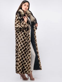 Black White Velvet Mink Fur Coat in Rhombus