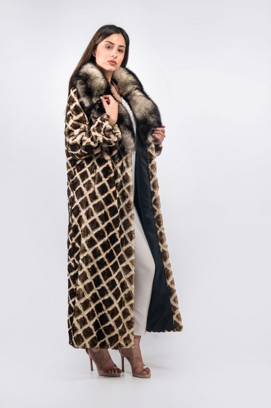 Black White Velvet Mink Fur Coat in Rhombus