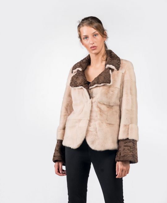 Beige Nerz Pelzjacke mit Braunem Swakara Besatz