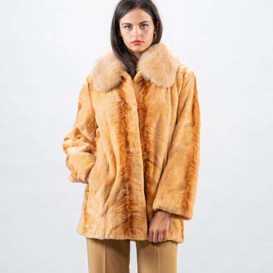 Samt Nerz Pelzjacke mit Beige Blaufuchs Fellkragen