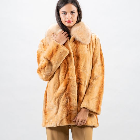 Samt Nerz Pelzjacke mit Beige Blaufuchs Fellkragen