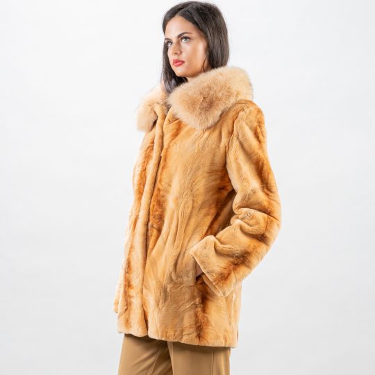 Samt Nerz Pelzjacke mit Beige Blaufuchs Fellkragen