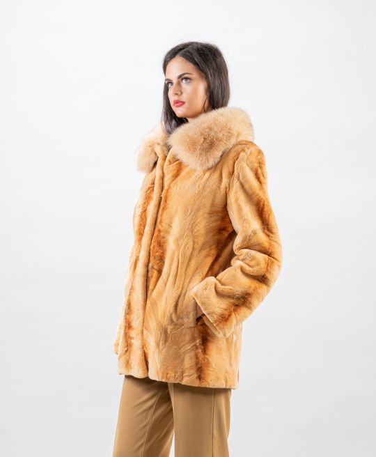 Samt Nerz Pelzjacke mit Beige Blaufuchs Fellkragen