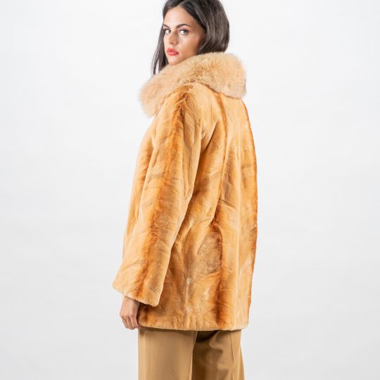 Samt Nerz Pelzjacke mit Beige Blaufuchs Fellkragen