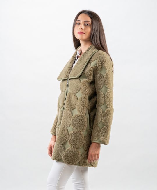 Special Khaki Sheepskin Jacket with Zipper