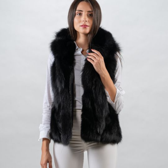 Black Hooded Fox Fur Vest