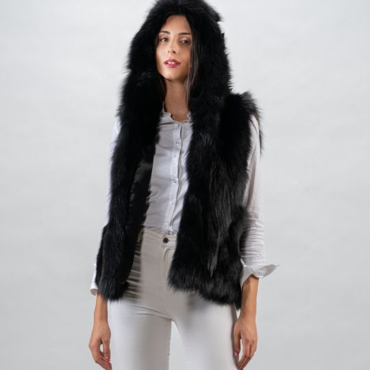 Black Hooded Fox Fur Vest