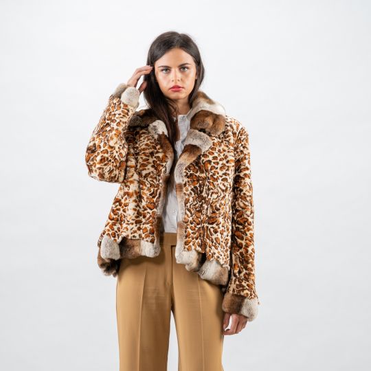 Leopard Samt Nerz Pelzjacke mit Rex Rabbit Besatz