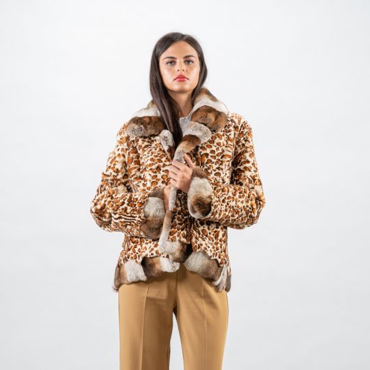 Leopard Samt Nerz Pelzjacke mit Rex Rabbit Besatz