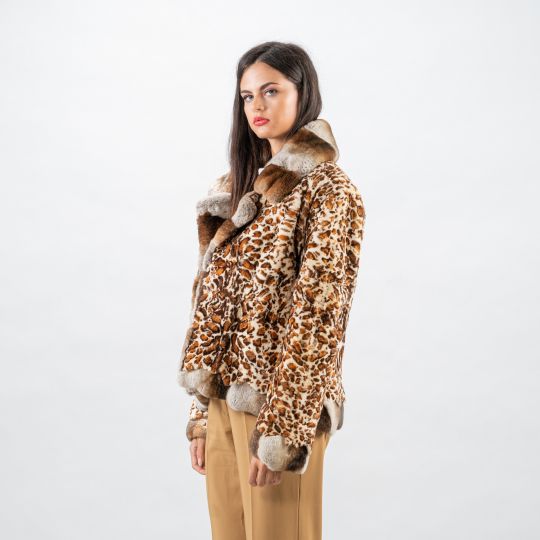 Leopard Samt Nerz Pelzjacke mit Rex Rabbit Besatz