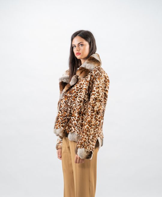 Leopard Samt Nerz Pelzjacke mit Rex Rabbit Besatz