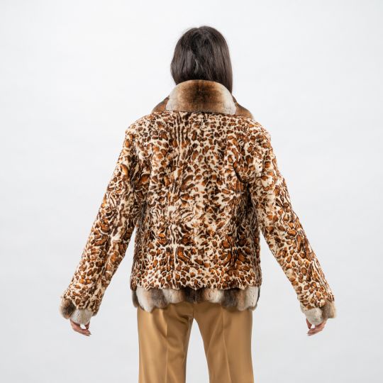 Leopard Samt Nerz Pelzjacke mit Rex Rabbit Besatz