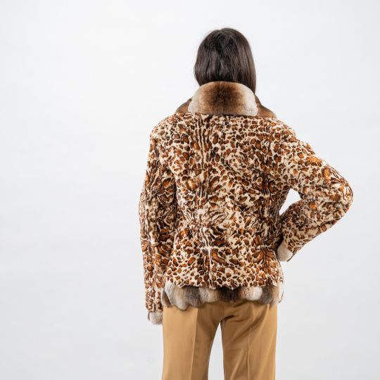 Leopard Samt Nerz Pelzjacke mit Rex Rabbit Besatz