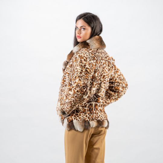 Leopard Samt Nerz Pelzjacke mit Rex Rabbit Besatz