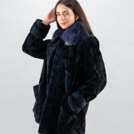 Dark Blue Velvet Mink Fur Jacket