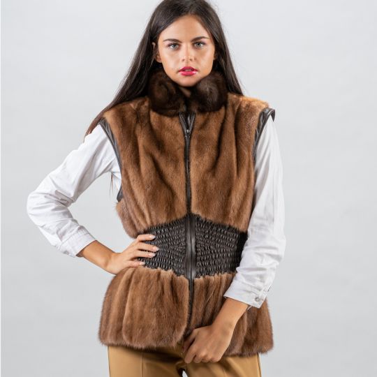 Demi Buff Mink Fur Vest with Sable Collar