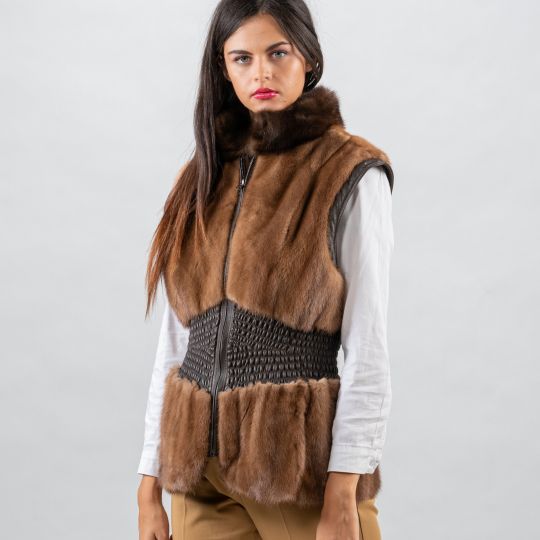 Demi Buff Mink Fur Vest with Sable Collar