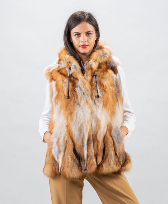 Hooded Canadian Red Fox Fur Vest