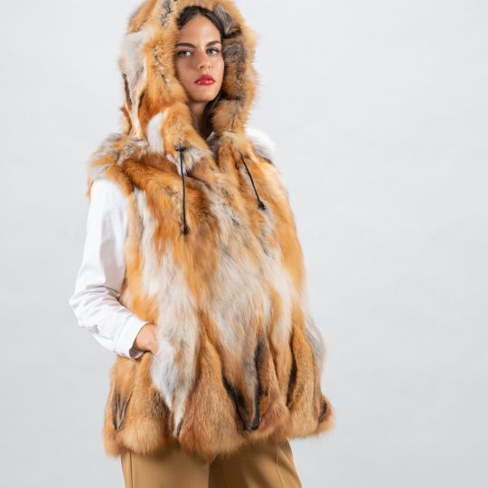 Hooded Canadian Red Fox Fur Vest