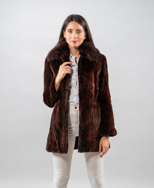 Cognac Samt Nerz Pelzjacke in Vertikalem Cord