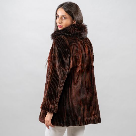 Cognac Samt Nerz Pelzjacke in Vertikalem Cord