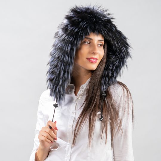 Dark Blue Fox Fur Hood Double Sided