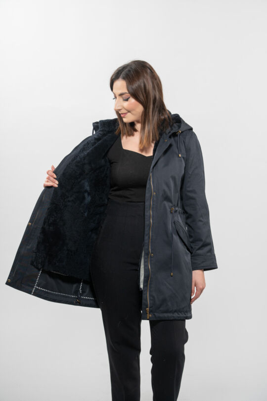 Luxury Dark Blue Parka with Sheepskin Lining