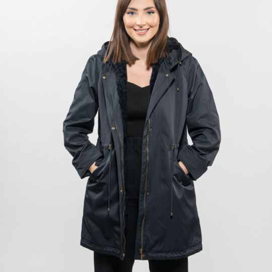 Luxury Dark Blue Parka with Sheepskin Lining