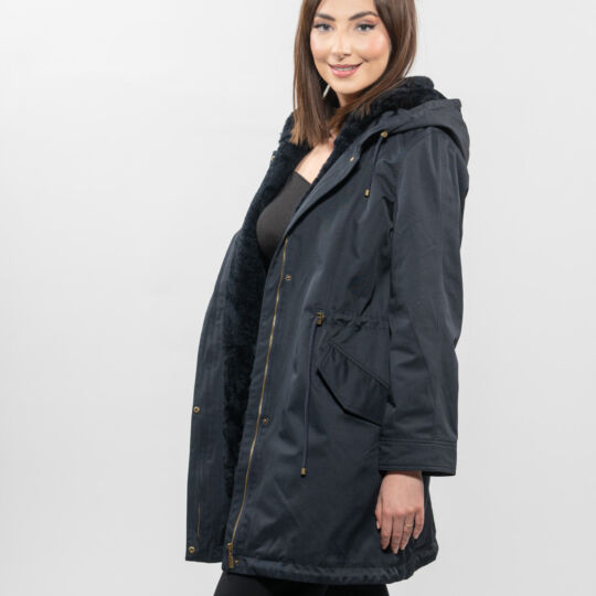 Luxury Dark Blue Parka with Sheepskin Lining